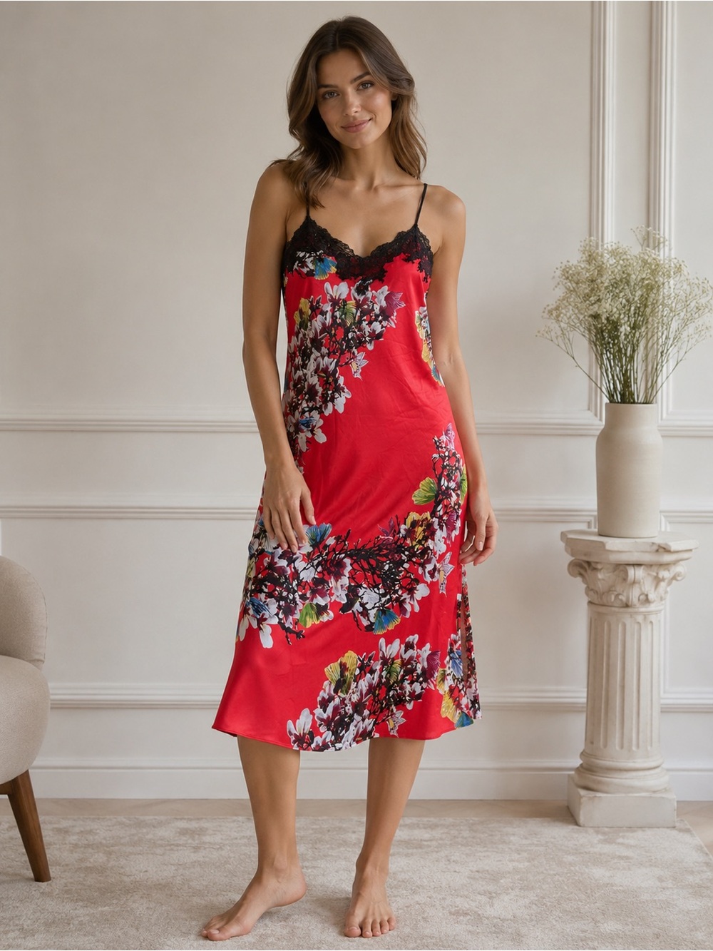 Natori Satin and Lace Slip V Neck Dress Size XL